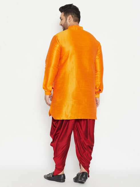 Vastramay Men's Plus Size Orange Silk Blend Curved Kurta Dhoti Set